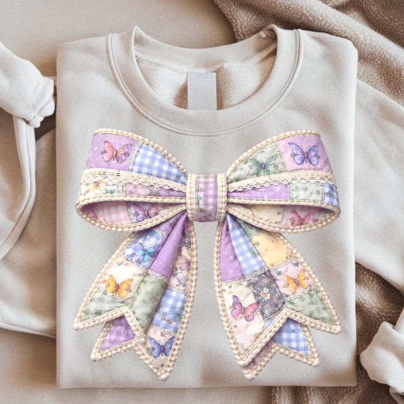 Spring Butterfly Patchwork Bow PNG, Pearl Bow Sublimation Digital Download image 7