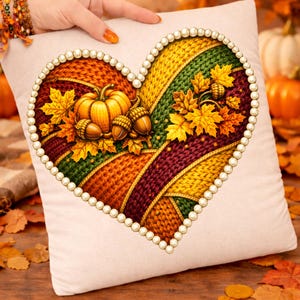 May include: A cushion with a heart-shaped design featuring a fall theme. The heart is filled with a knitted pattern in shades of orange, green, and burgundy, with a pumpkin, acorns, and fall leaves. The heart is outlined with a pearl border.