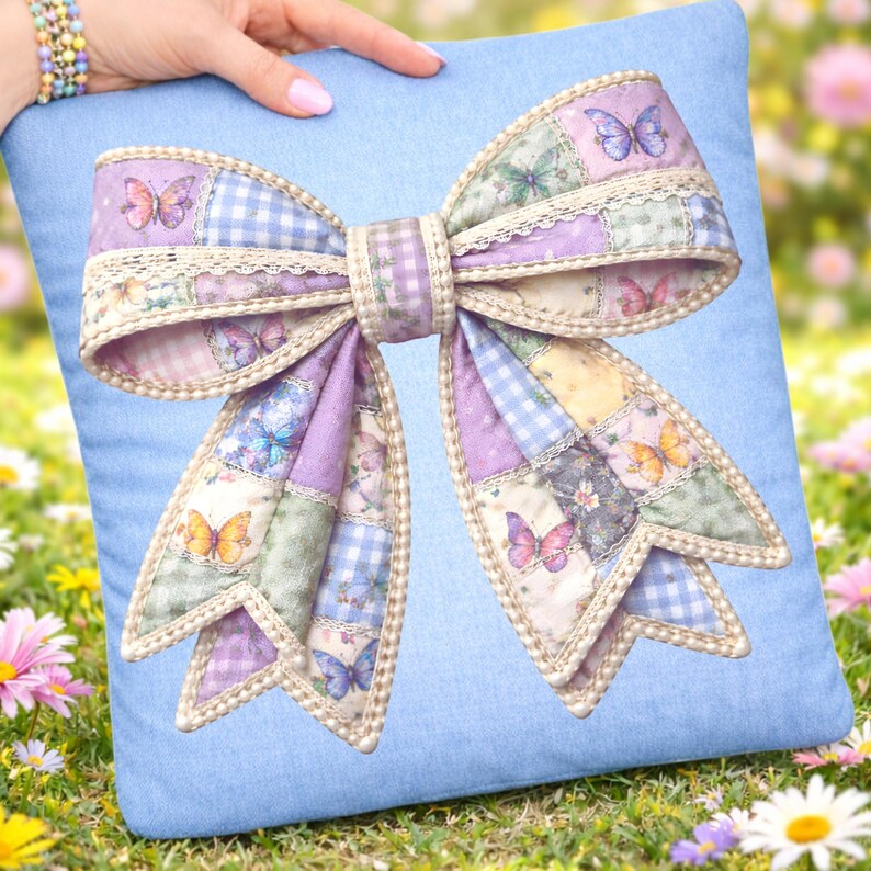 Spring Butterfly Patchwork Bow PNG, Pearl Bow Sublimation Digital Download image 4