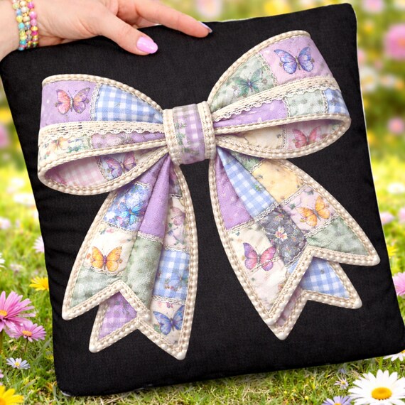 Spring Butterfly Patchwork Bow PNG, Pearl Bow Sublimation Digital Download