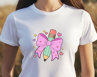 Pencil Coquette Bow PNG, Teacher Shirt Design Digital Download