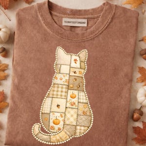 Gatto patchwork autunnale PNG, design autunnale vintage con trapunta, contorno di perle (download digitale)