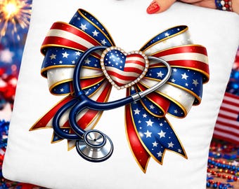 Patriotic Nurse Bow PNG, 4th of July Stethoscope Design(Digital Download)