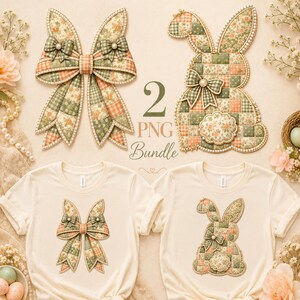 Pode incluir: Um pacote de designs digitais com um laço de patchwork e um coelho de patchwork, ambos decorados com padrões florais e xadrez em tons de verde, laranja e creme. O conjunto inclui duas t-shirts com estes designs e o texto 2 PNG Bundle.