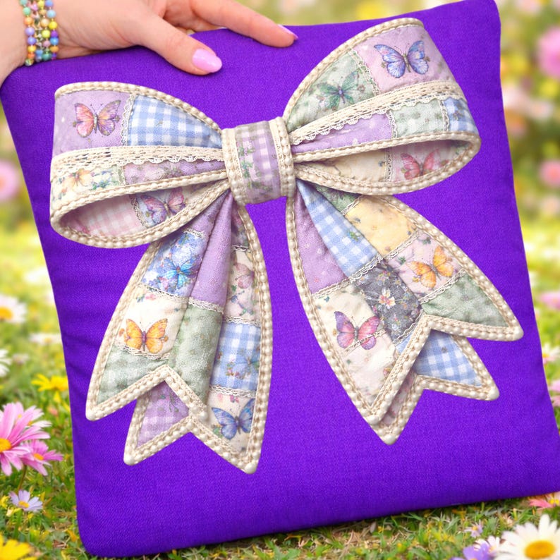 Spring Butterfly Patchwork Bow PNG, Pearl Bow Sublimation Digital Download image 3