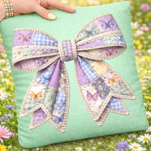Spring Butterfly Patchwork Bow PNG, Pearl Bow Sublimation Digital Download image 2