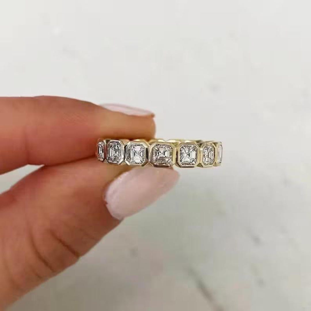 Asscher Cut Moissanite Wedding Band for Her, Full Eternity Bezel Set ...
