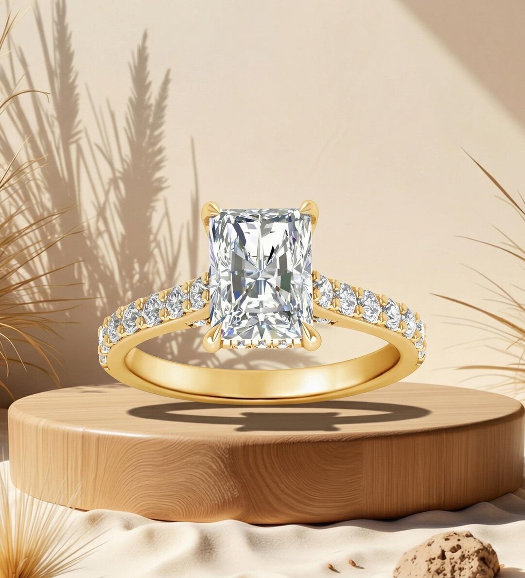 Radiant Cut Moissanite Engagement Ring, Hidden Halo-pave Wedding Ring ...