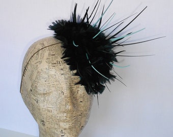 SALE due to slight damage! feather fascinator, glow-in-the-dark, black headpiece, gothic accessory, feather, burning man, steampunk