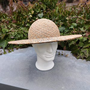 May include: A woven straw hat with a wide brim and a rounded crown. The hat is displayed on a white mannequin head against a backdrop of green foliage. The hat's natural color and texture are prominent.