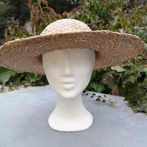 May include: A wide-brimmed, woven straw hat with a rounded crown. The hat is a natural beige color and sits atop a white mannequin head. The background features green foliage and a light gray surface.