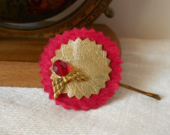 red and gold hair pin, gift for her, red mini fascinator, the boy who lived, gift for book lover