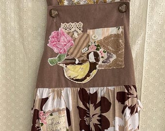 Bib / dungaree style spring/summer long  cotton pinafore dress with vintage lace, buttons and appliqué