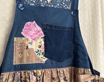Bib / dungaree style spring/summer cotton pinafore dress, loose fit, ties at sides