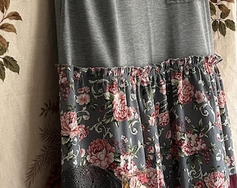 Long cotton T-shirt dress with a distressed look. Includes vintage lace and collar with patches.