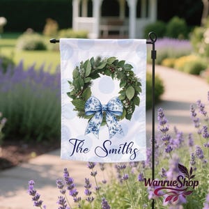 Personalized Chinoiserie Bow Leaf Woven Circle Garden Flag,Custom Family Name Yard Sign,Floral Outdoor Decor,Porch Decor Flag,Double-Sided