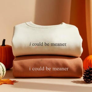 May include: Two folded sweatshirts, one cream-colored and one rust-colored, stacked on top of each other. Each sweatshirt has the phrase "i could be meaner" printed in black. Pumpkins and a pinecone are in the background.