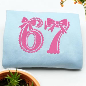 May include: A light blue fabric with the embroidered number "67" in pink. The numbers are decorated with bows and scalloped edges. The fabric is folded and resting on a white surface.