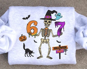 Stickdatei: Six Seven Meme Halloween Skelett Stickerei, Internet Humor Stickerei, Six Seven Meme Design, 67 Design, Six Seven