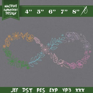 Puede incluir: Diseño de bordado a máquina de un símbolo de infinito, adornado con patrones florales y de hojas coloridos. El diseño incluye el texto "MACHINE EMBROIDERY DESIGN" e indicadores de tamaño de 10 cm a 20 cm. Formatos de archivo JEF, DST, PES, EXP, VP3 y XXX.