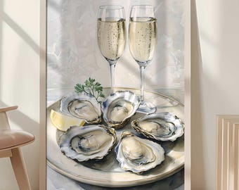 Oyster & Champagne Watercolor Print: Coastal Kitchen Seafood Art, Coastal Kitchen Decor, Oyster Lover Artwork (Digital Download)