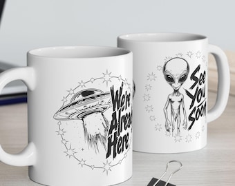 Taza de cerámica con diseño de OVNI y extraterrestre: regalo de ciencia ficción, regalo para amantes de los extraterrestres, taza con temática extraterrestre