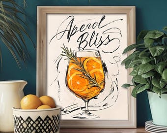 Aperol Spritz Art Print: Vibrant Cocktail Wall Decor Digital Download Aperol Spritz Decor Aperol Spritz print Kitchen Wall Art Bar Cart Art