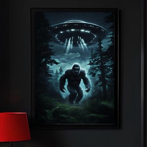 Bigfoot and UFO Wall Art – Cryptid Alien Forest Poster for Cabin or Man Cave – Digital Download Sci-Fi Sasquatch Printable Decor