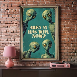 Whimsical Area 51 Printable: Vintage UFO Decor and Funny Alien Art&quot;, Digital Download, Sci-Fi Room Art, Quirky Space Gift, Retro UFO Decor