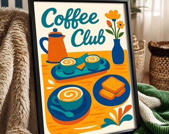 Coffee Poster, Coffee Club Print, Espresso Print, Retro Café Kitchen Decor, Modern Coffee Bar Printable French Press Breakfast Art Download