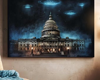 UFO Over Washington D.C. Art: Sci-Fi Alien Spaceship Poster (Digital Download)