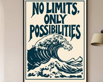 No Limits Only Possibilities Wall Art | Ocean Wave Motivational Printable | Minimalist Surf Poster Download | Inspirational Decor