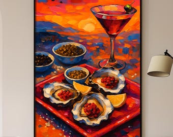 Oyster Painting and Martini Wall Art, Martini Print Sunset Cocktail Bar Decor, Luxury Gourmet Kitchen Printable, Bold Foodie Poster Download