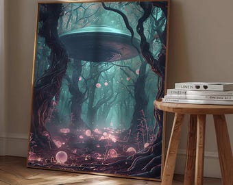 UFO Poster: Enchanted Alien Forest Sci-Fi Art (Digital Download, PNG & JPEG Files)