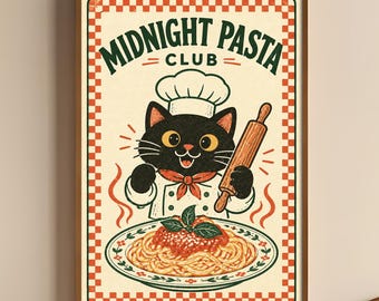 Midnight Pasta Club Poster, Cat Chef Wall Art, Kitchen Decor, Vintage Kitchen Wall Art, Funny Pasta Lover Gift, Retro Cat Print
