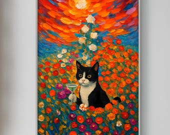 Colorful Cat Wall Art – Tuxedo Cat with Martini in Flower Garden, Whimsical Cocktail Artwork, Digital Download Printable Poster