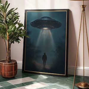 Vintage UFO and Alien Poster | Sci Fi Poster | UFO gifts | Spooky Decor for Sublimation | Galaxy Art | Flying Saucer Poster, Digital Art