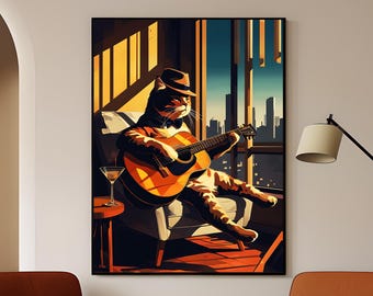 Cat Guitar Wall Art Retro Cat Playing Guitar Print Cool Cat Martini Poster Jazz Musician Cat Digital Art Printable Lounge Cat Decor