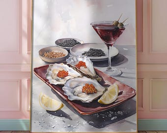Oyster Painting and Martini Print, Luxury Bar Printable Foodie Dining Room Poster Digital Download