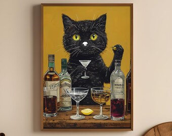 Playful Cat Bar Art Print, Whimsical Cat Poster, Cute Drink Decor, Pet Lover Gift, Home Bar Wall Art, Fun Animal Illustration