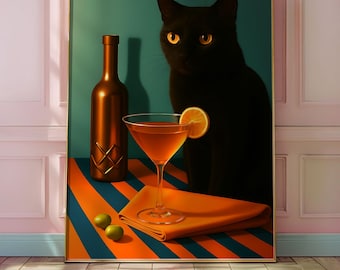 Black Cat Martini Art Print: Retro Bar Wall Decor, Printable Cocktail Cat Poster, Cat Lover’s Gift, Sassy Cat Decor (Digital Download)