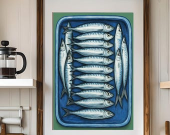 Arte de pared de sardinas imprimible, impresión de sardinas enlatadas, arte de pared de sardinas retro, decoración de cocina costera, póster de descarga digital de mariscos de sardinas de moda