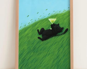 Whimsical Black Cat Wall Art – Martini Cocktail Printable, Relaxing Cat Poster, Fun Animal Illustration, Digital Download for Home Decor