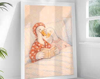Cozy Goose Couple Wall Art Poster, Goose Reading in Bed Illustration, Cute Animal Love Print, Whimsical Nursery or Bedroom Decor