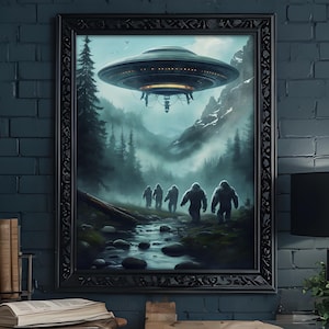 Bigfoot Alien Abduction Wall Art Cryptid Forest UFO Scene Poster Fantasy Poster for Man Cave Cabin, or Sci-Fi Decor Digital Download