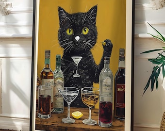 Black Cat Martini Art Print, Whimsical Black Cat Wall Art Martini Cocktail Printable Fun Animal Print Digital Download Humorous Cat Poster