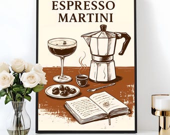 Espresso Martini Wall Art Martini Print Vintage Coffee Cocktail Kitchen Print Moka Pot Illustration Digital Bar Decor Coffee Lover Gift