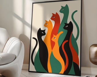 Mid-Century Modern Cat Art Print | Retro Feline Silk Poster, Abstract Cat Wall Art Poster, Modern Minimalist Cats Print