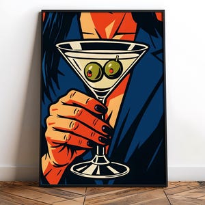 Pop Art Martini Glass Digital Print Retro Cocktail Wall Art with Woman’s Hand Bold Bar Decor for Lounge, Kitchen Gallery Wall Decor