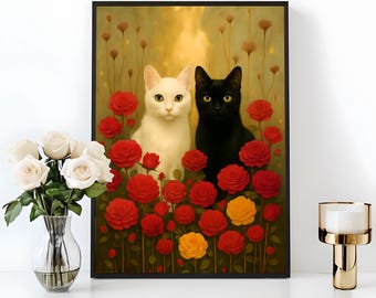 Romantic Cat Wall Art – Black and White Cats with Red Roses, Whimsical Feline Printable Poster, Cat Lover, Black Cat Print Digital Download